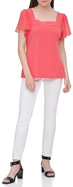 Flutter Sleeved Square Neck Blouse (Watermelon) Women's Clothing