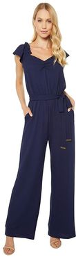 V-Neck Flutter Sleeve Jumpsuit (True Navy) Women's Jumpsuit & Rompers One Piece