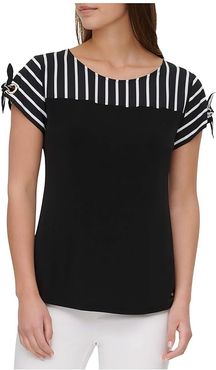 Short Sleeve Top w/ Striped Tie Sleeves (Black) Women's Clothing