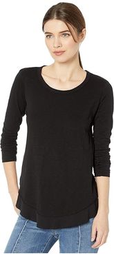 Long Sleeve Curved Hem Top in Slubbed Jersey (Black) Women's Clothing