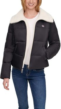 Quilted Puffer Jacket w/ Sherpa Lined Laydown Collar (Black) Women's Clothing