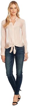 Long Sleeve Button-Down Tie Front Iridescent Blouse (Apricot Cream) Women's Clothing