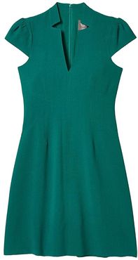 Kors Crepe Fit-and-Flare with Notch Neck Topstitch Detail (Emerald) Women's Clothing