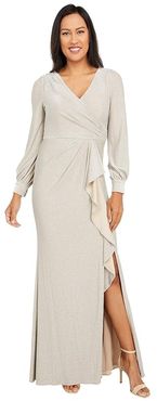 Long Sleeve Metallic Knit Wrap Front Mermaid Gown (Champagne) Women's Dress
