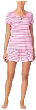 Classic Knits Short Sleeve Split Neckline Boxer Pajama Set (Pink Stripe) Women's Pajama Sets