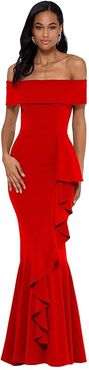 Long Over-the-Shoulder Cascade Ruffle Gown (Red) Women's Dress