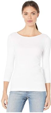 1X1 Rib 3/4 Sleeve Boat Neck Tee (White) Women's Clothing