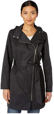Asymmetrical Belted Hooded Trench V10739-ZA (Black) Women's Clothing