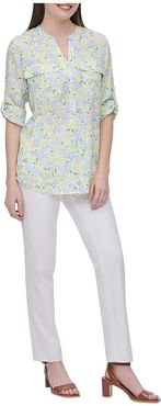 Printed Crew Roll Sleeve (Cashmere White) Women's Blouse