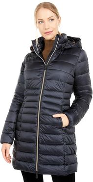 Iris Shiny Iridescent Puffer Coat with Removable Hood (Black) Women's Clothing