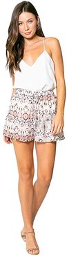 Ethnic Printed Pull-On Shorts with Ruffle Hem (Taupe/Blue/Brown) Women's Shorts