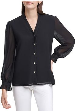 Button Front Blouse with V-Neck (Black) Women's Clothing