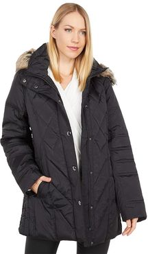 Short Quilted Puffer Coat w/ Faux Fur Hood (Black) Women's Coat