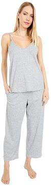Organic Cotton Calista Double Strap Cami with Shelf Bra Crop Pants Set (Heather Grey) Women's Pajama Sets