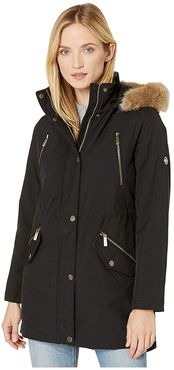 Snap Front Polyfill with Faux Fur Trim Hood M524503TZ (Black) Women's Coat