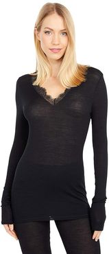 Woolen Lace Long Sleeve Shirt (Black) Women's T Shirt