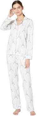 Long Sleeve Classic Notch Collar Pajama Set (Blue Eiffel) Women's Pajama Sets