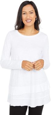 Slub Jersey Asymmetrical Long Sleeve Flounce Hem Tee (White) Women's Clothing