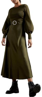 Gwenii Belted Midi Dress (Khaki) Women's Clothing
