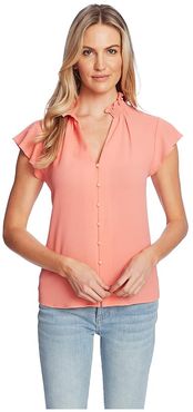 Short Sleeve V-Neck Button-Down Blouse (Hot Lava) Women's Clothing