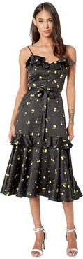 Cherry Print on Stretch Satin Petal Dress (Black Multi) Women's Clothing