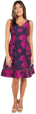 Two-Tone Jacquard Fit-and-Flare (Navy/Fuchsia) Women's Dress