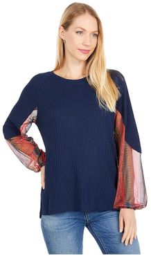 Waffle Knit Top w/ Contrast Mesh Sleeves 48T6288 (Navy) Women's Clothing