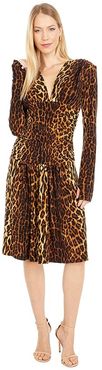 V-Neck Long Sleeve Shirred Waist Dress with Shoulder Pads (Pantera) Women's Dress