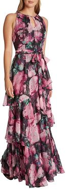 Metallic Clip Floral Chiffon Gown with Tiers (Aster Night Bloom) Women's Dress