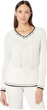 Lace-Up V-Neck Sweater (Soft White) Women's Sweater