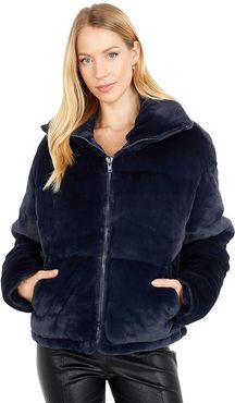 Billie Zip Front Short Faux Fur Coat (Navy Blue) Women's Clothing