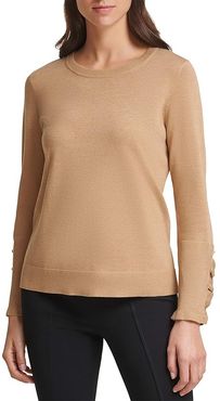 Crew Neck Sweater with Ruffle Sleeves (Camel) Women's Clothing