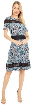 Paisley Mesh Mix Short Sleeve Dress (Spa Blue) Women's Dress