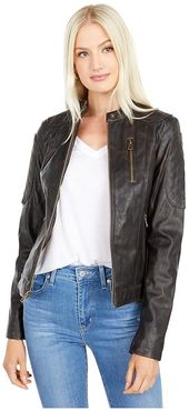 Classic Asymmetrical Faux Leather Motorcycle Jacket (Medium Brown) Women's Coat