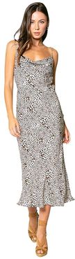 Cheetah Printed Cowl Neck Bias Midi Dress with Adjustable Strap (Taupe Multi) Women's Clothing