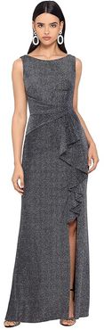 Long Metallic Knit Ruffle Front Gown (Black/Silver) Women's Dress