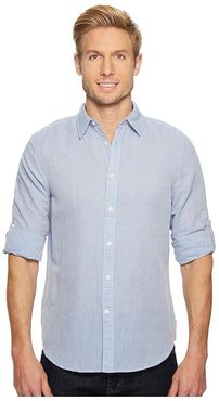 Rolled-Sleeve Solid Linen Cotton Shirt (Colony Blue) Men's Long Sleeve Button Up