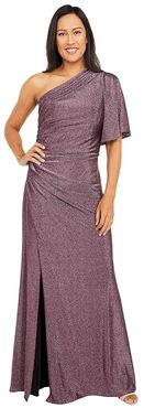 Plus Size One Shoulder Metallic Knit Side Draped Mermaid Gown (Amethyst) Women's Dress