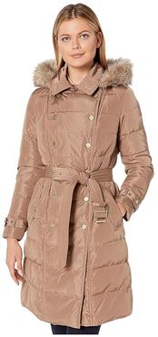 Horizontal Double Breasted Trench Faux Fur Trim (Vicuna) Women's Clothing