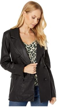 Faux Leather Long Double Breasted Blazer in Carbon (Black) Women's Coat