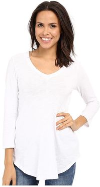 Slub Jersey 3/4 Sleeve V-Neck Tunic (White) Women's Blouse