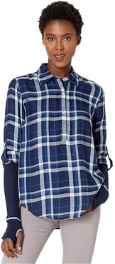 Button Placket 3/4 Sleeve Shirt (Blue/White Plaid) Women's Blouse