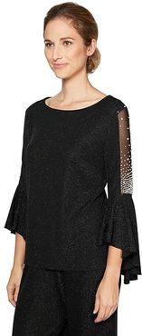 3/4 Sleeve Metallic Knit Blouse (Black) Women's Clothing