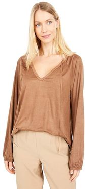 Luxe Suede Knit Long Sleeve V-Neck Tee (Saddle) Women's Clothing