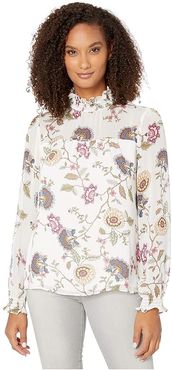 Long Sleeve Windsor Floral Chiffon Mock Neck Blouse (Pearl Ivory) Women's Clothing