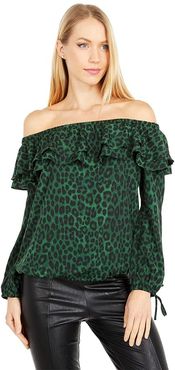 Petite Mega Cheetah Ruffle Peasant Top (Moss) Women's Blouse