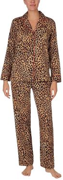 Sateen Long Sleeve Notch Collar Pajama Set (Leopard) Women's Pajama Sets