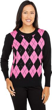 Argyle Luxe Pullover Sweater with Sequin Embellishment (Black/Pink) Women's Sweater