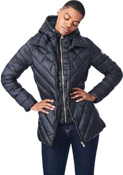 EcoPlume Hooded A-Line Jacket with Bib (Black) Women's Coat