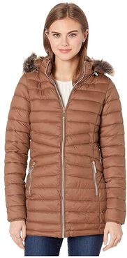 Long Polyfill Puffer Jacket with Faux Fur Trim Hood (Tobacco) Women's Clothing